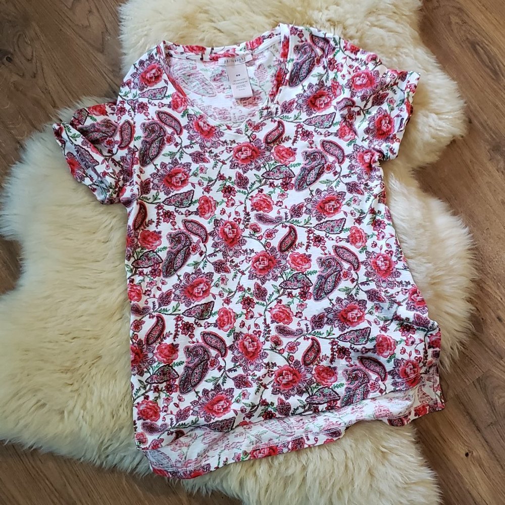 Philosophy Red and White Floral Short Sleeve Top